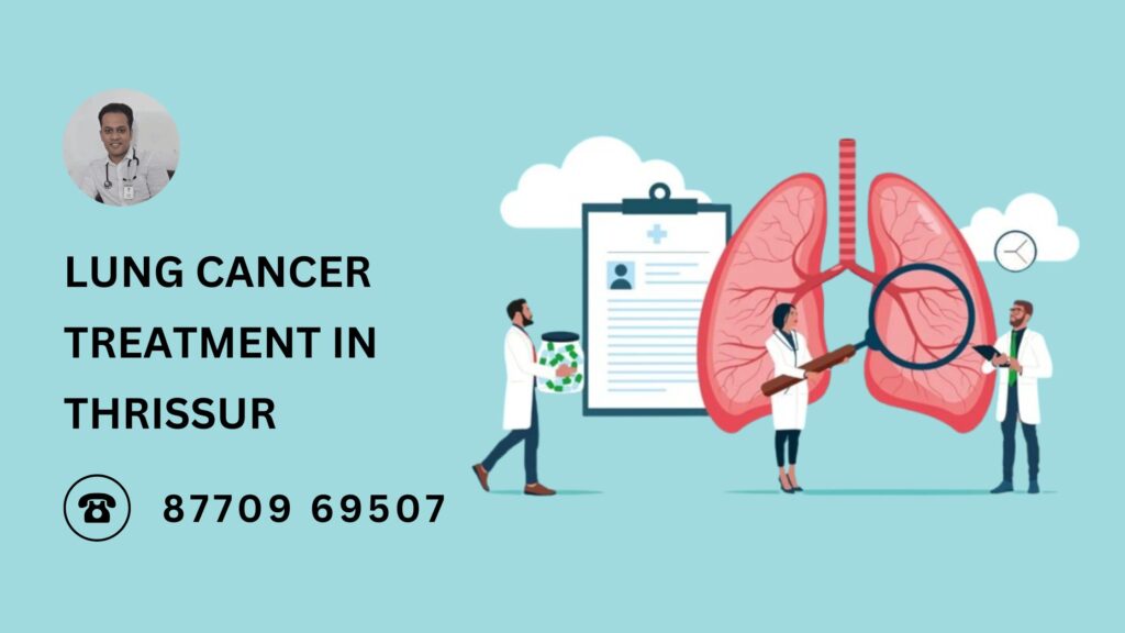 A compassionate Indian medical oncologist consulting a lung cancer patient in a modern hospital in Thrissur