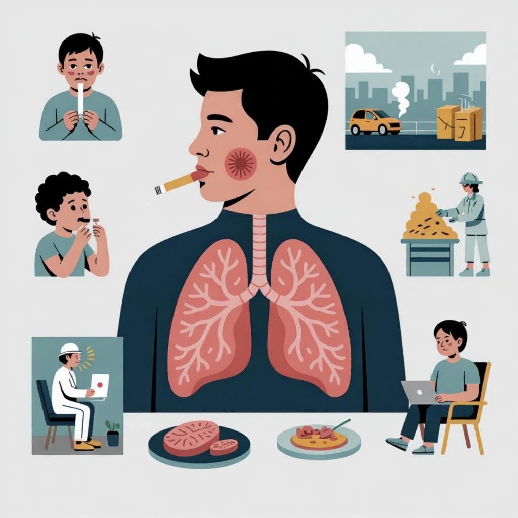 Medical illustration of lung cancer risk factors including smoking, secondhand smoke, asbestos exposure, air pollution, family history, chest radiation, and unhealthy lifestyle.