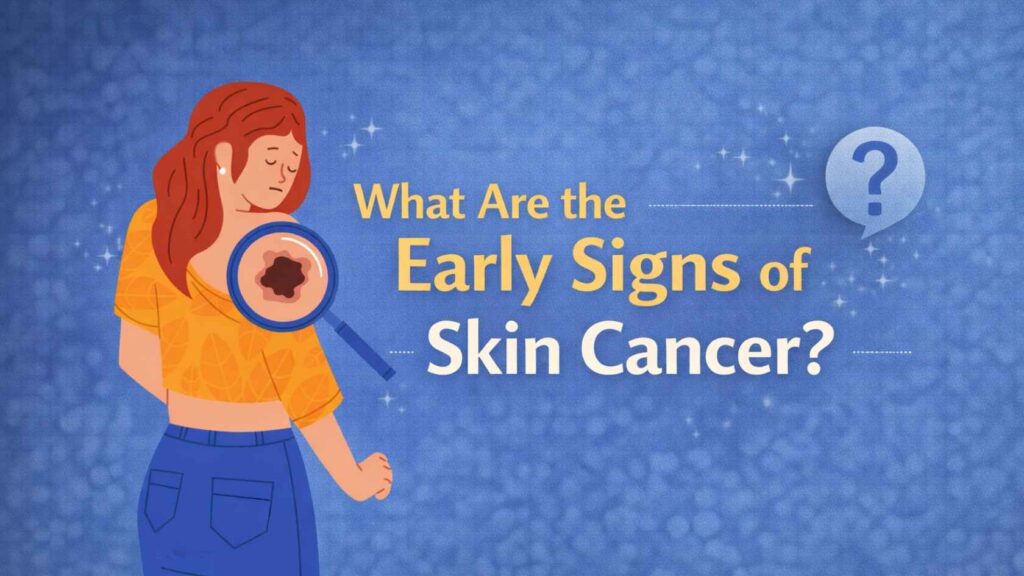 Illustration of a woman examining a suspicious mole with a magnifying glass alongside text about early signs of skin cancer