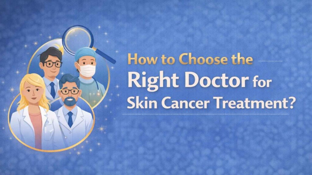 Illustration of a medical team with a magnifying glass and text about choosing the right doctor for skin cancer treatment