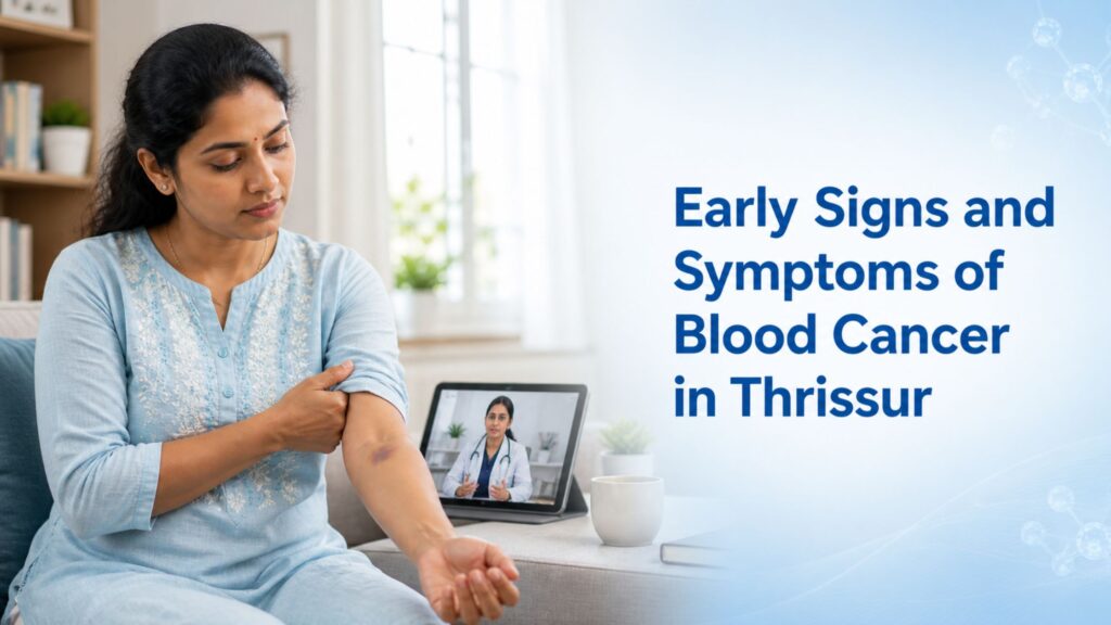 Early Signs and Symptoms of Blood Cancer in Thrissur banner showing a person checking arm bruising at home with a doctor consultation on tablet