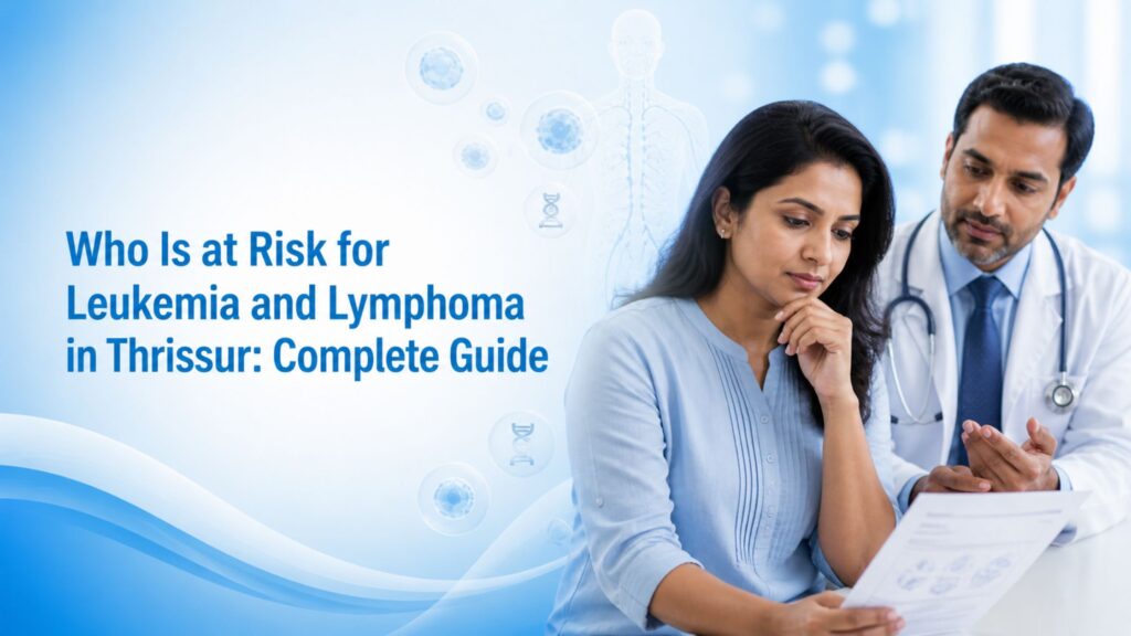 Who Is at Risk for Leukemia and Lymphoma in Thrissur: Complete Guide banner showing an Indian patient thoughtfully reviewing a medical report while a doctor provides guidance with subtle blood cell illustration overlay