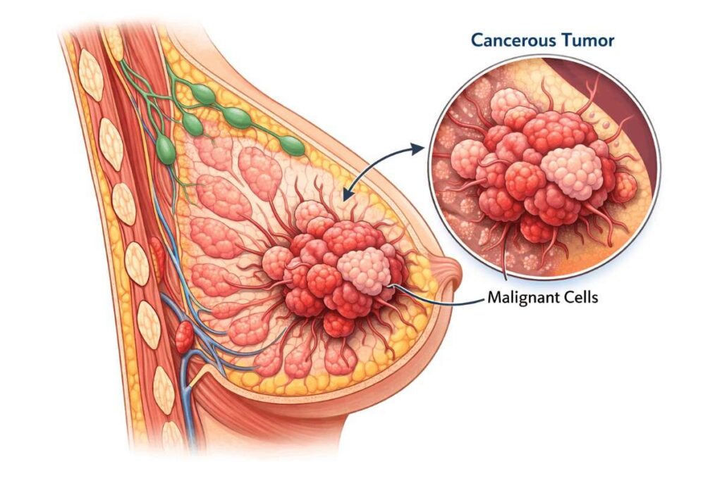 An anatomical breast cancer illustration showing a cross‑section of the breast with a highlighted tumor and magnified malignant cells — educational visual for the topic when should you consult an oncologist for breast cancer.
