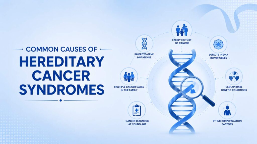 Common Causes of Hereditary Cancer Syndromes infographic showing DNA structure, genetic mutations, family history, and inherited cancer risk factors