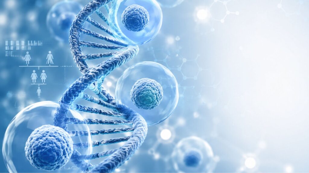 Hereditary Cancer Risk Factors illustration showing DNA strands, genetic cells, and inherited cancer risk patterns