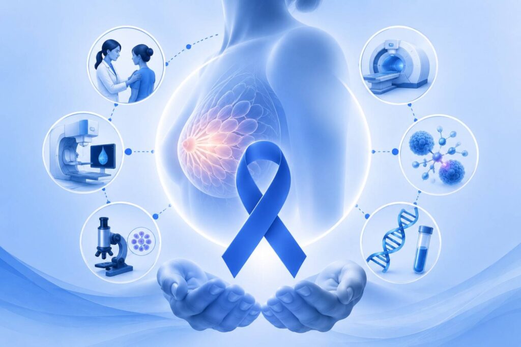 Stages of breast cancer illustrated through diagnosis, imaging, biopsy, tumor analysis, and personalized treatment planning.