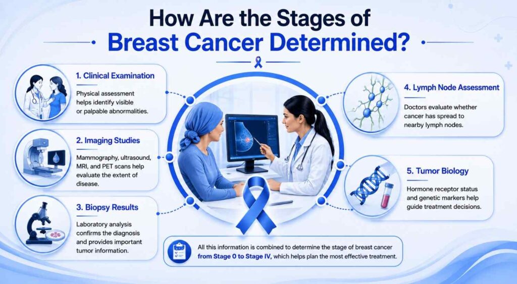 How the stages of breast cancer are determined through examination, imaging, biopsy, lymph node assessment, and tumor analysis.