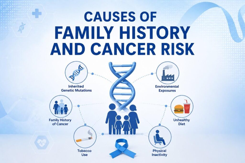 Causes of Family History and Cancer Risk infographic showing inherited genetic mutations, family history, environmental exposures, unhealthy diet, tobacco use, and physical inactivity