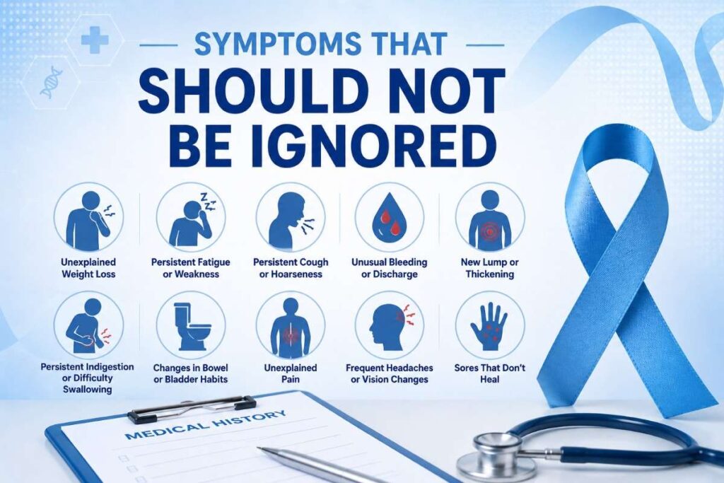 Symptoms That Should Not Be Ignored infographic showing unexplained weight loss, persistent fatigue, unusual bleeding, persistent cough, lumps, and other cancer warning signs