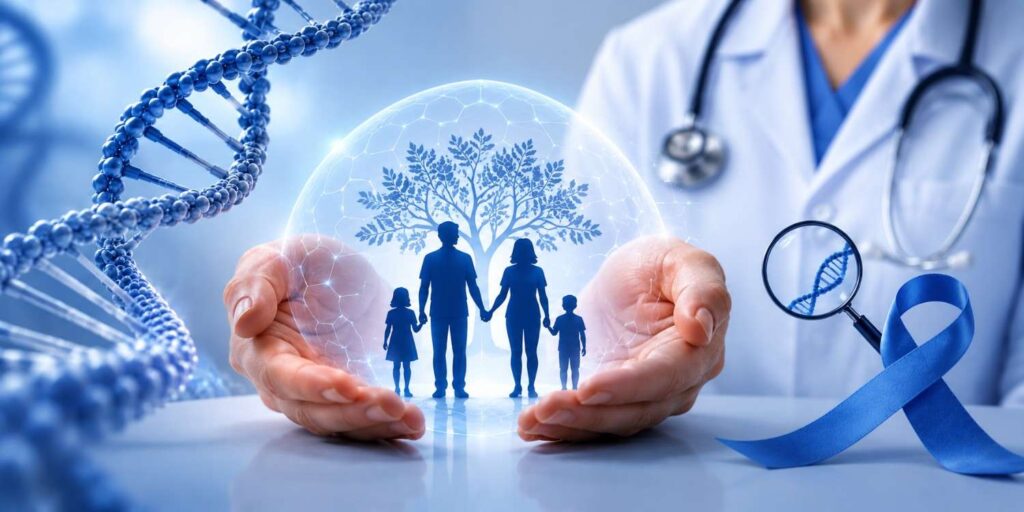 Medical illustration representing the prevention of hereditary cancers through genetic testing, family cancer risk assessment, early detection, and personalized cancer prevention strategies.