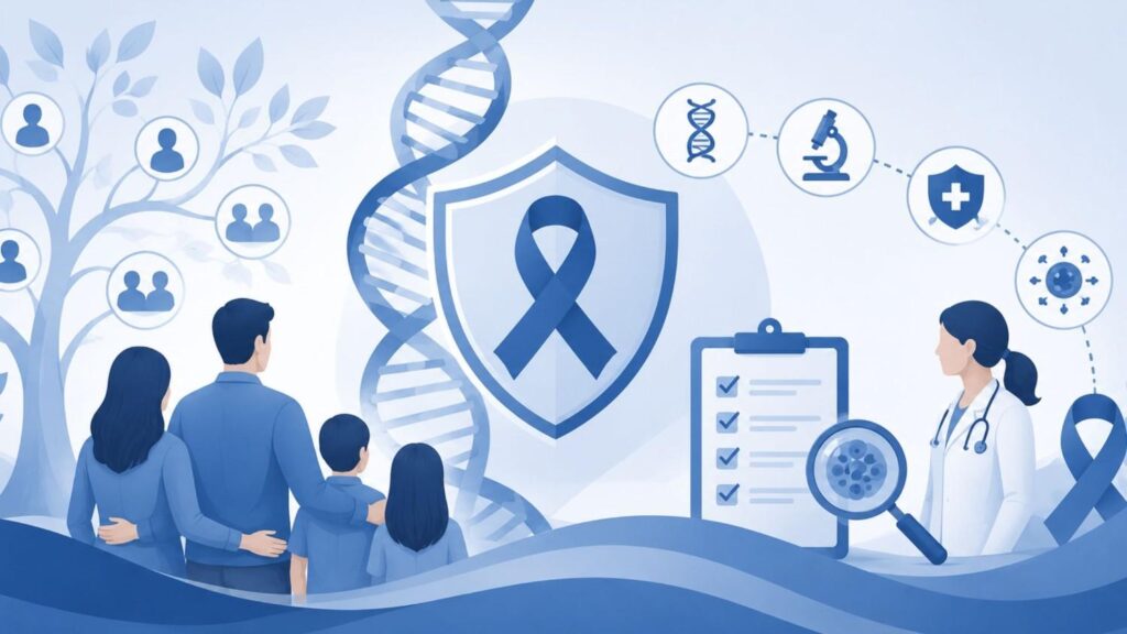 Family discussing hereditary cancer risk with healthcare guidance, genetic testing awareness, cancer screening, and inherited cancer risk management.