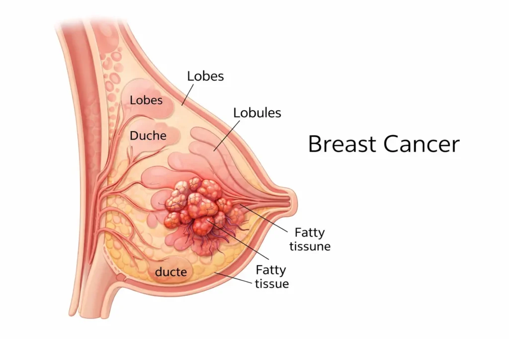 Detailed breast cancer anatomy illustration showing internal breast structures, ducts, and a highlighted tumor — educational visual for the topic Can Breast Cancer Be Prevented.