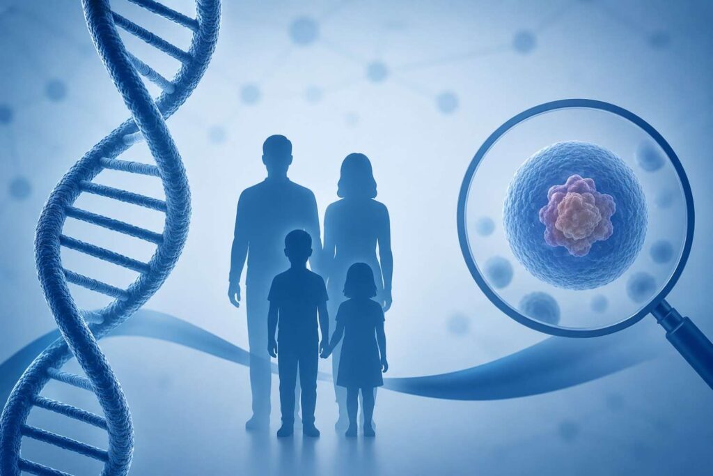 What is Hereditary Cancers? Illustration showing DNA genetics, family history, and inherited cancer risk associated with hereditary cancers.