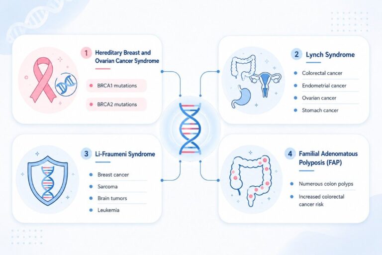 What is Hereditary Cancer? infographic illustrating common hereditary cancer syndromes with a central DNA graphic connected to educational medical icons and genetic risk categories.