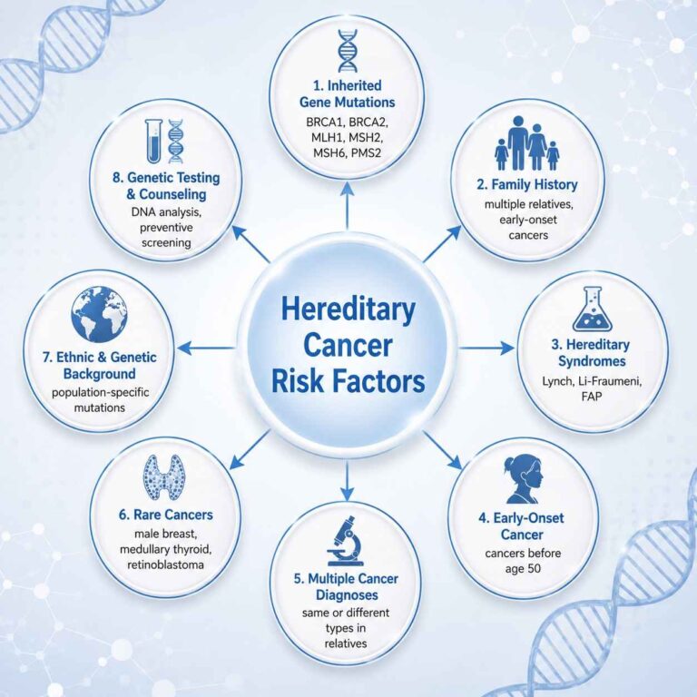 Infographic showing hereditary cancer risk factors including family history, inherited gene mutations, BRCA1 and BRCA2, Lynch syndrome, and genetic testing in a blue and white medical design.