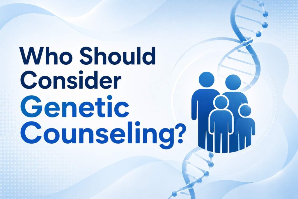 Who Should Consider Genetic Counseling? illustration showing a family icon with DNA strands representing inherited health risk assessment
