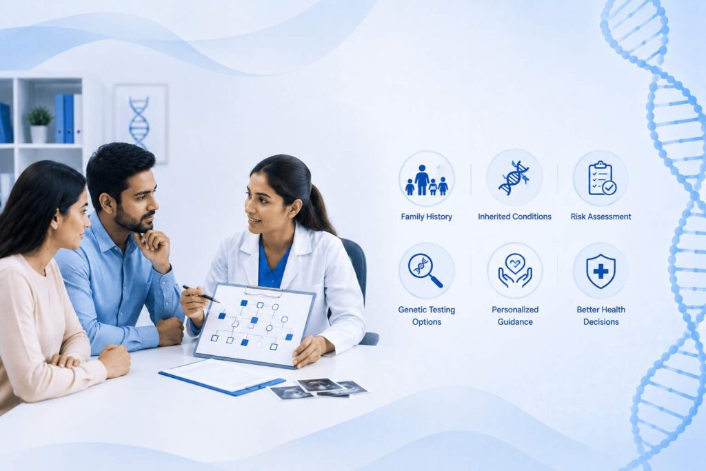 Who Should Consider Genetic Counseling consultation showing a healthcare professional reviewing family history and genetic risk factors with a couple