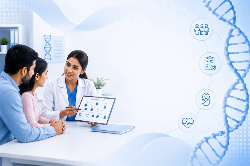 Genetic counseling session discussing hereditary conditions family medical history and genetic testing options