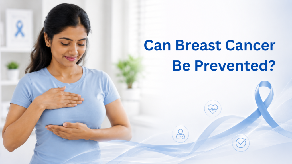 Can Breast Cancer Be Prevented? South Indian woman performing a breast self-examination in a bright healthcare setting, promoting breast cancer prevention, awareness, and early detection.