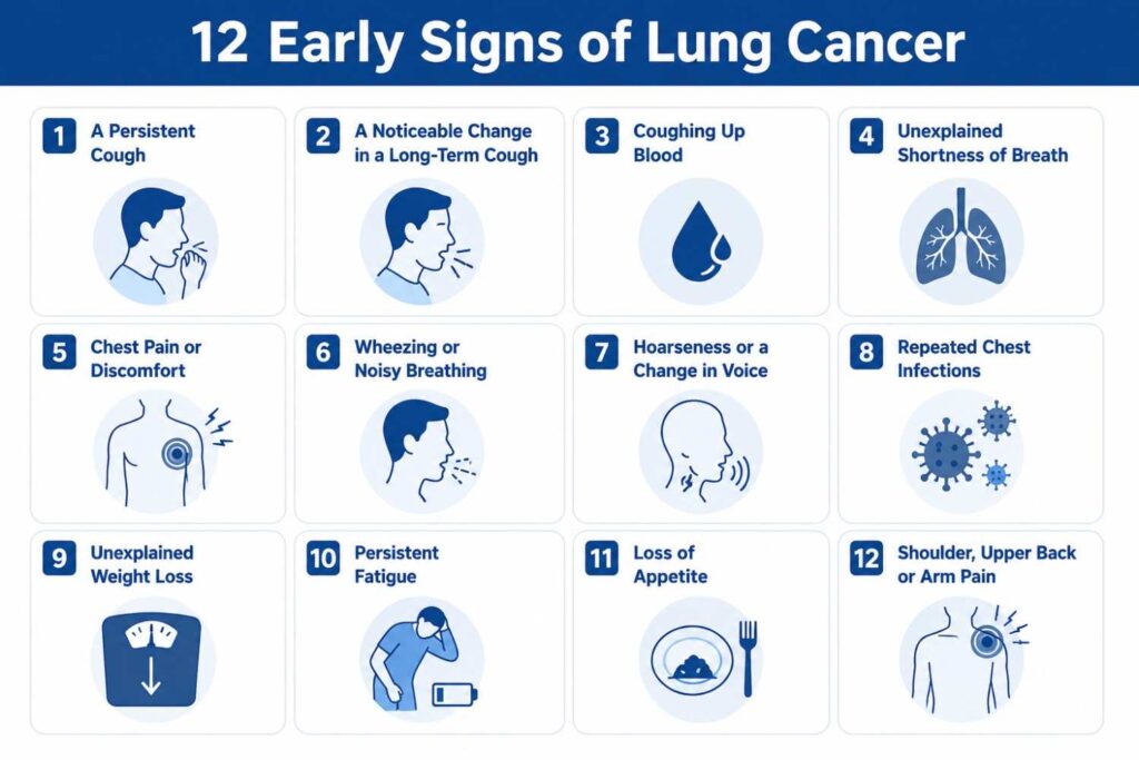 Medical infographic illustrating 12 early signs of lung cancer with numbered symptom icons in a clean blue and white design.