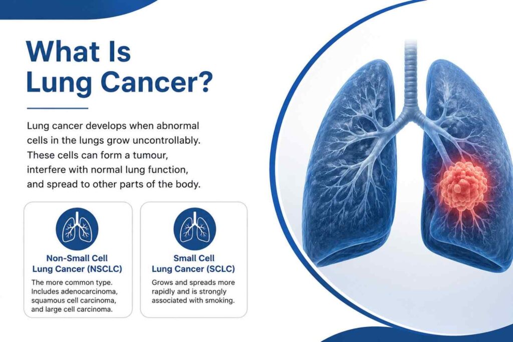 Medical illustration explaining lung cancer with a simple comparison of non-small cell lung cancer (NSCLC) and small cell lung cancer (SCLC) in a blue and white design.