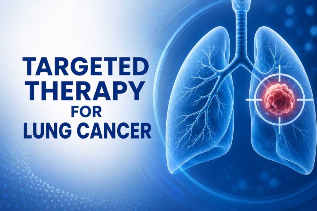 Targeted therapy for lung cancer showing a detailed illustration of the lungs and a highlighted tumor