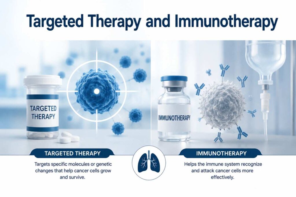 Medical infographic comparing targeted therapy and immunotherapy for lung cancer, illustrating precision medicine and immune-based treatment approaches in a clean blue and white healthcare design.