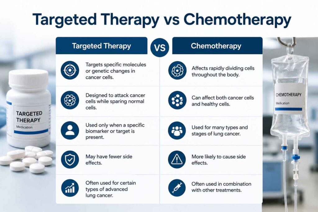 Comparison illustration showing targeted therapy medication and chemotherapy infusion for lung cancer treatment, highlighting the differences between precision therapy and conventional chemotherapy in a professional blue and white medical design.