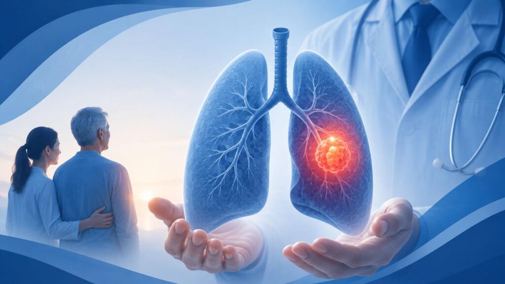 Illustration of comprehensive Lung Cancer Treatment in Thrissur showing expert medical care, healthy lungs, and personalized oncology treatment