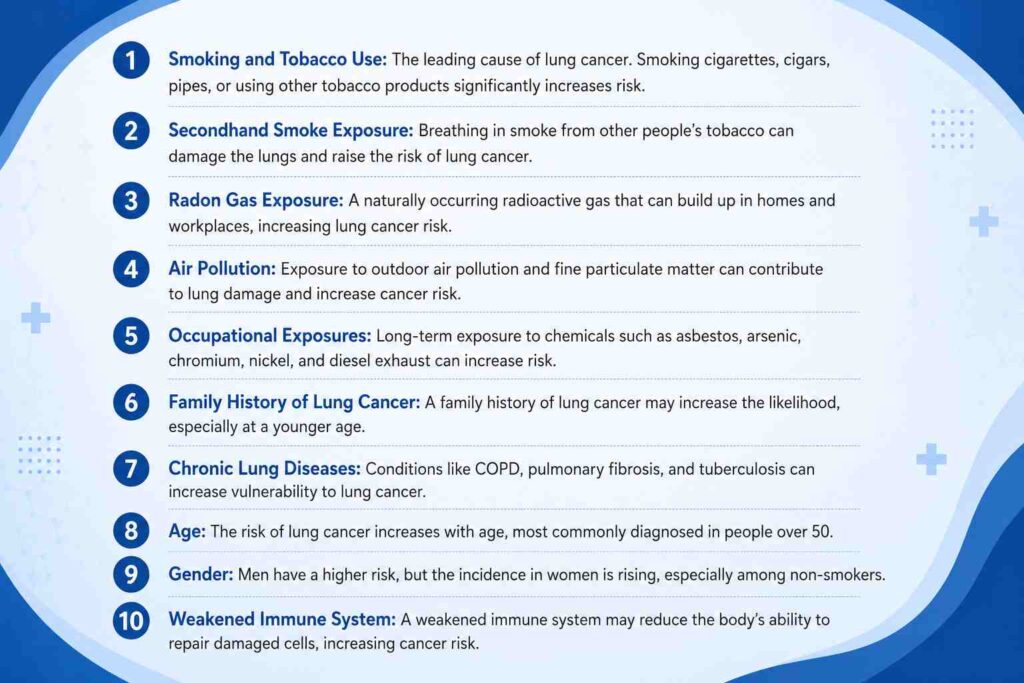 Infographic explaining the major risk factors associated with lung cancer symptoms in men and women, including smoking, air pollution, radon exposure, family history, and occupational hazards.