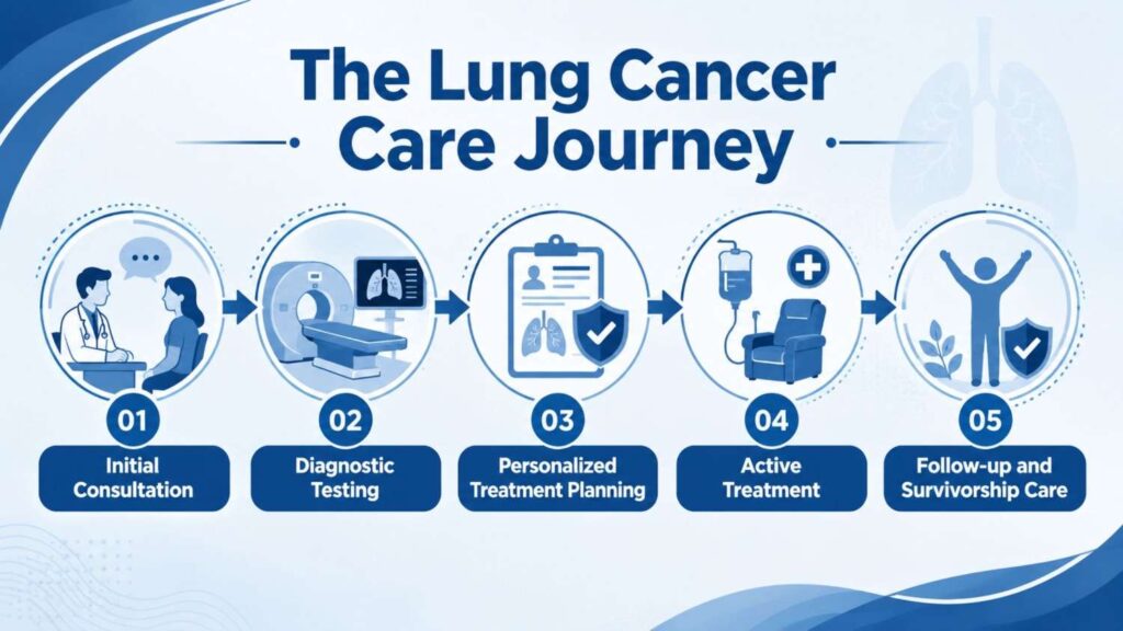 The Lung Cancer Care Journey infographic illustrating the stages of Lung Cancer Treatment in Thrissur from consultation to survivorship care
