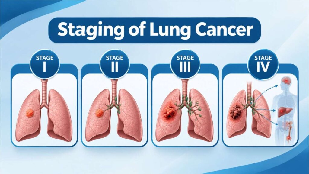 Staging of Lung Cancer infographic showing Stage I, Stage II, Stage III, and Stage IV progression for Lung Cancer Treatment in Thrissur