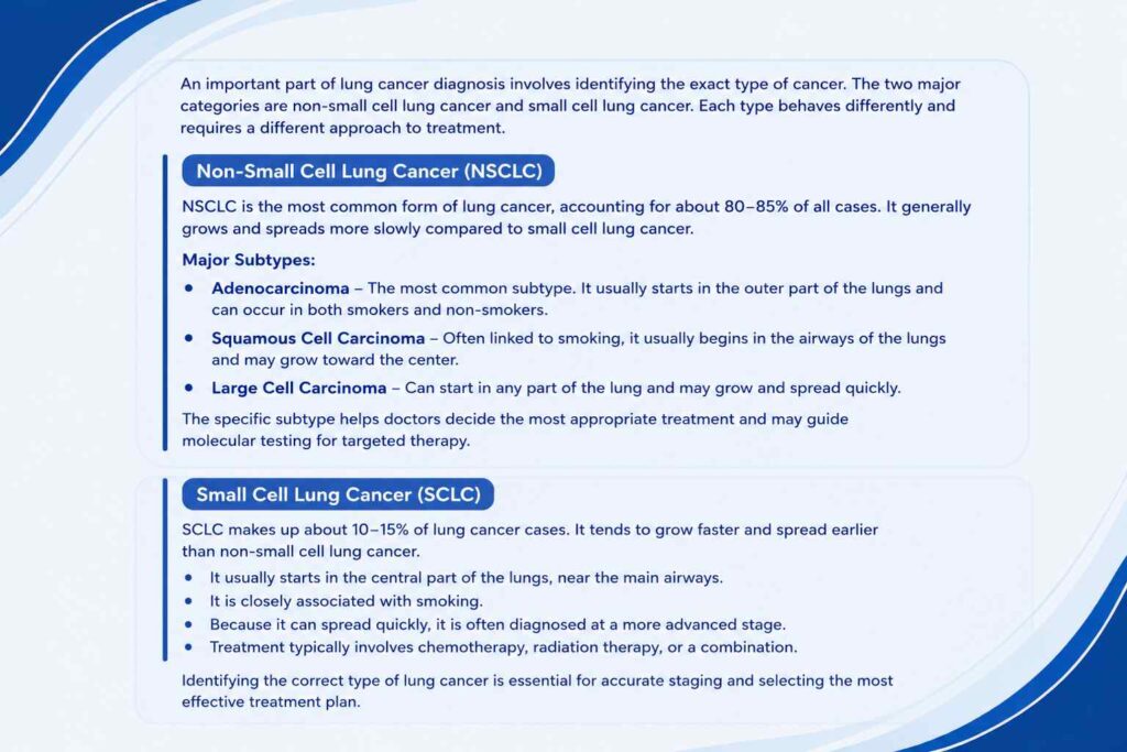 Types of lung cancer identified during diagnosis including non-small cell lung cancer and small cell lung cancer
