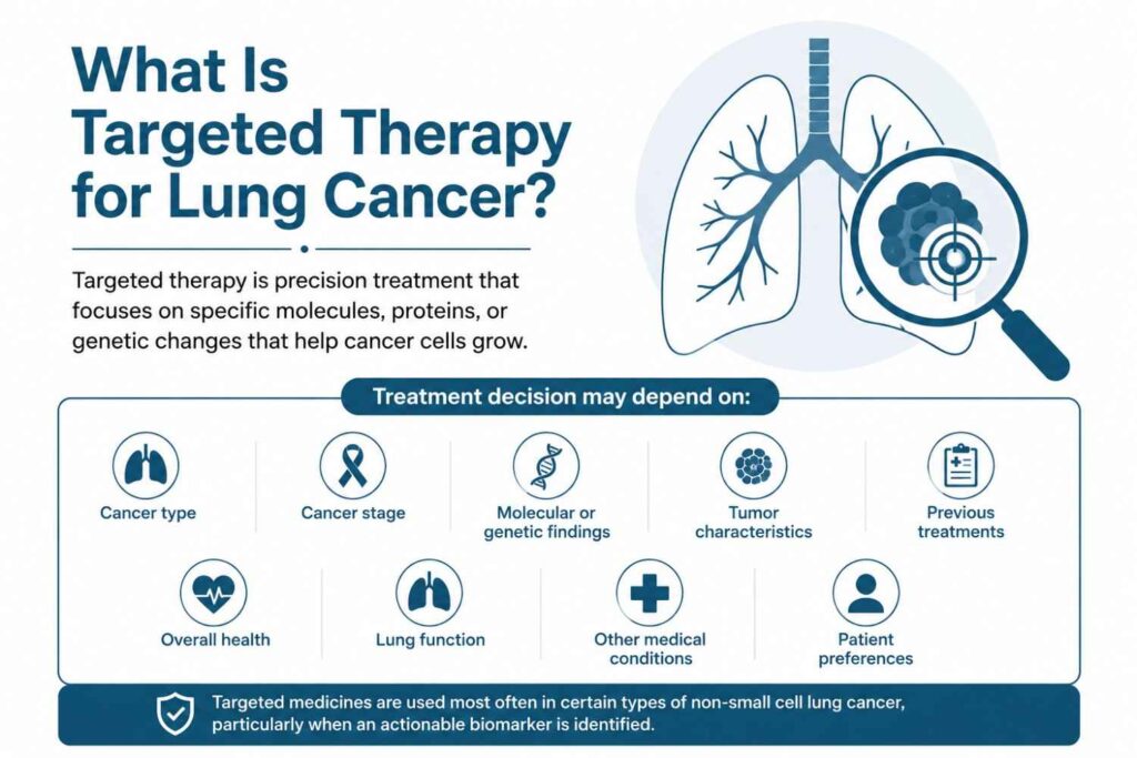 Medical infographic illustrating targeted therapy for lung cancer, showing lungs with a targeted treatment concept and key factors that influence personalized treatment decisions in a blue and white healthcare theme.