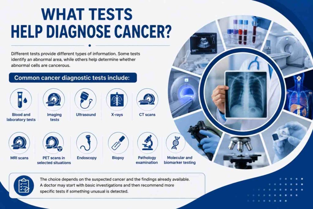 Cancer diagnostic tests infographic showing blood and laboratory tests, imaging, ultrasound, X-rays, CT scans, MRI, PET scans, endoscopy, biopsy, pathology, and molecular and biomarker testing.