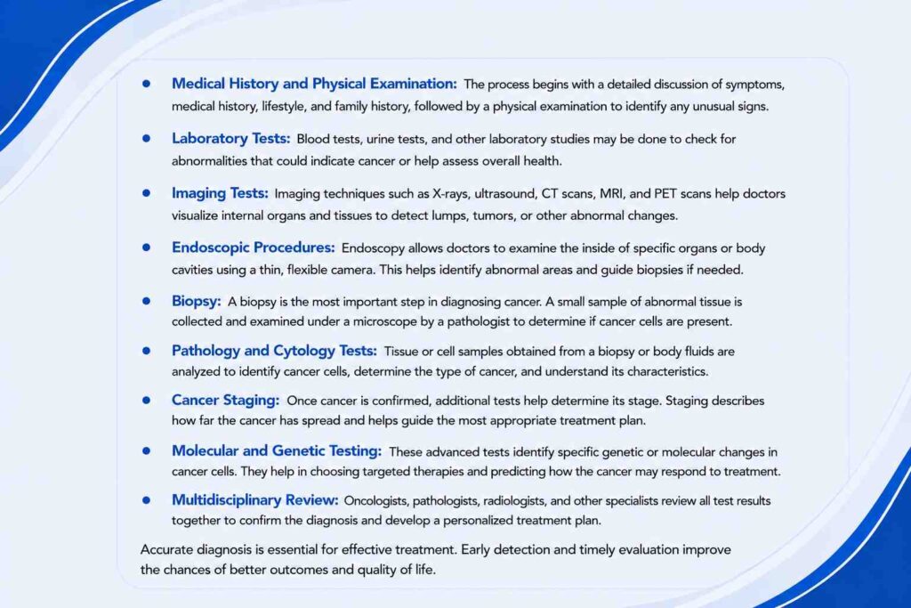 How is cancer diagnosed through medical tests and evaluation