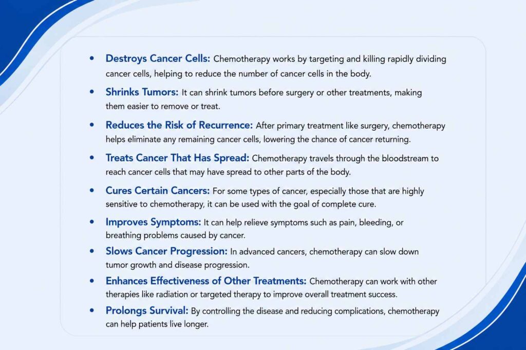 Benefits of chemotherapy including destroying cancer cells, shrinking tumors, and controlling cancer progression