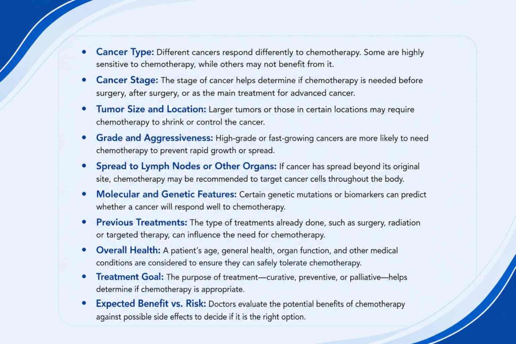 Factors that help determine who needs chemotherapy based on cancer type, stage, health, and treatment goals